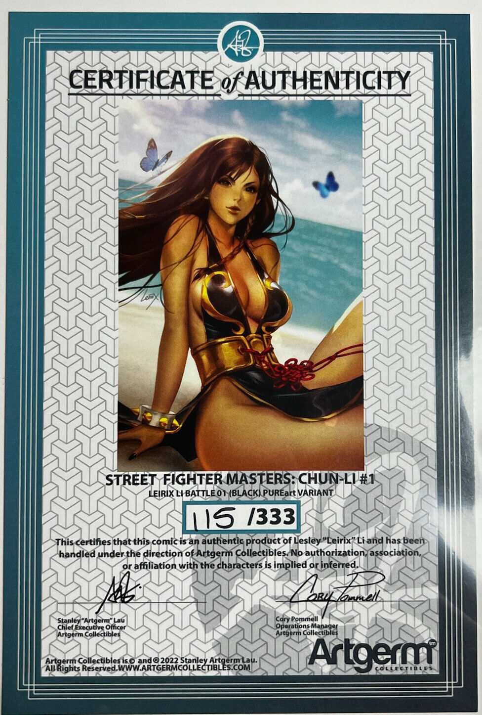 STREET FIGHTER MASTERS #1 CHUN-LI VIRGIN LEIRIX LI ARTGERM LTD #115/333 COA