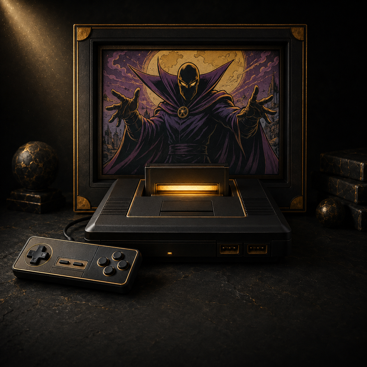 A retro game console glowing in a dark vault