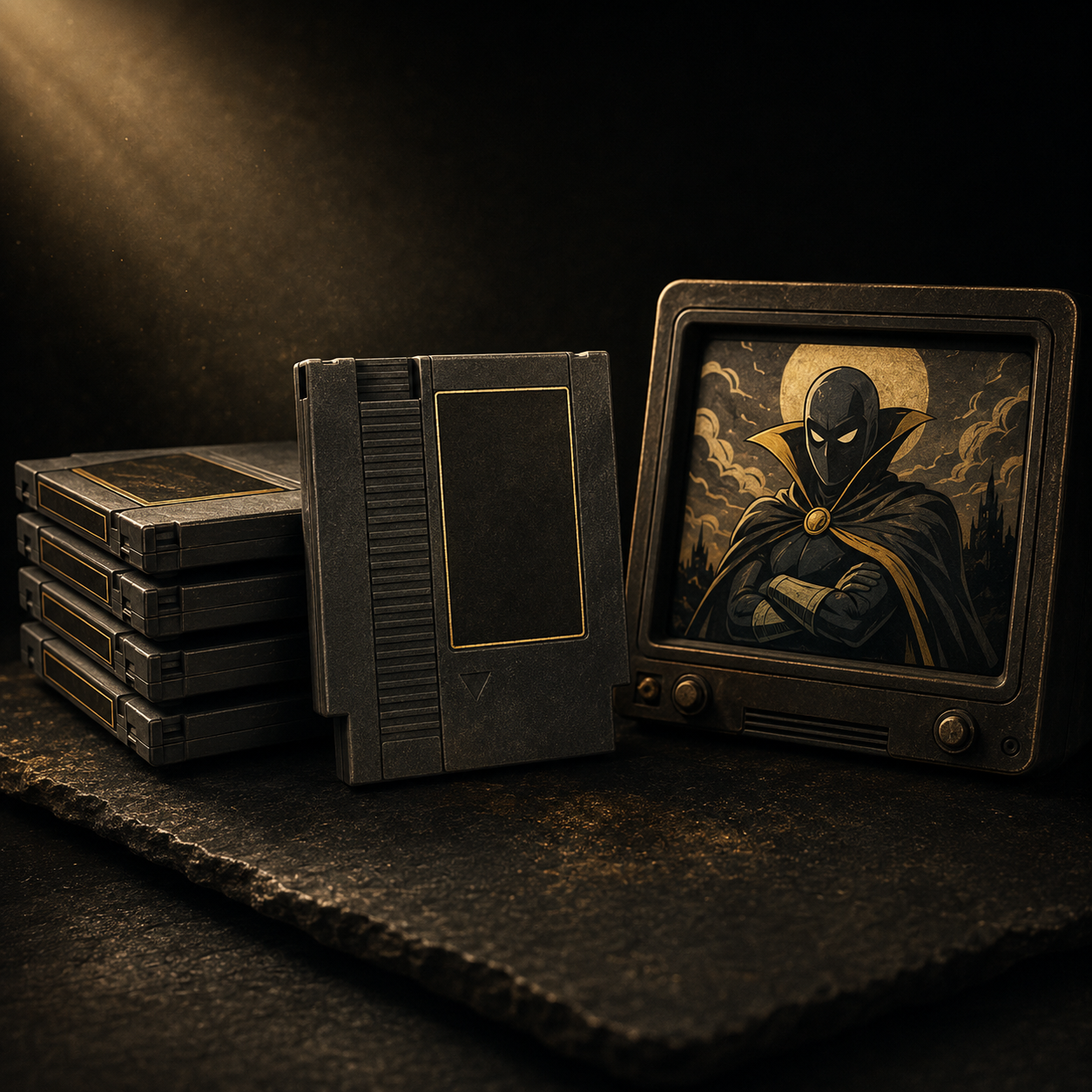 Retro game cartridges stacked in golden vault light