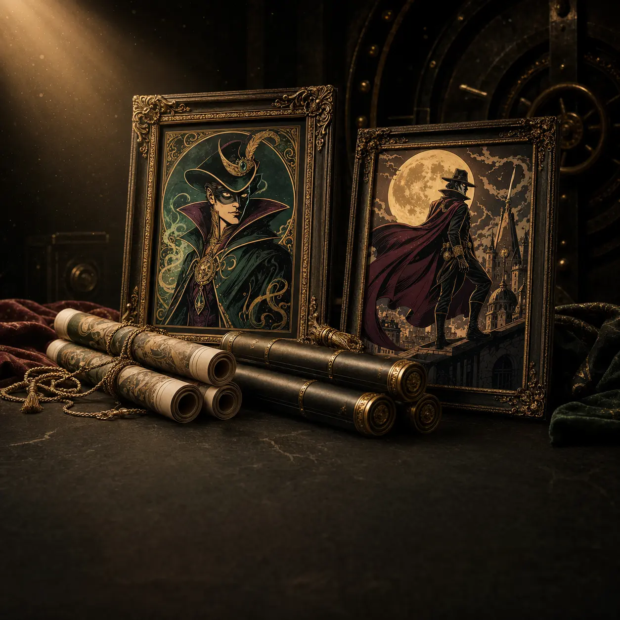 Rolled prints and a gilded frame in a dark vault