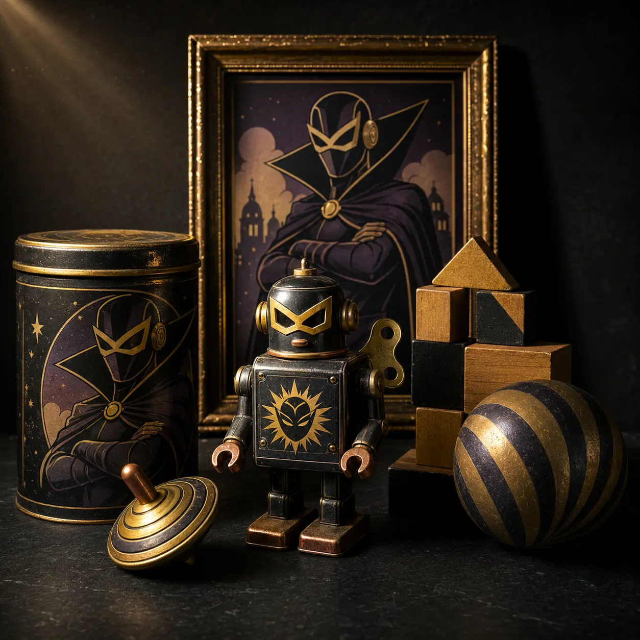 Classic toys arranged as a treasure pile in vault light