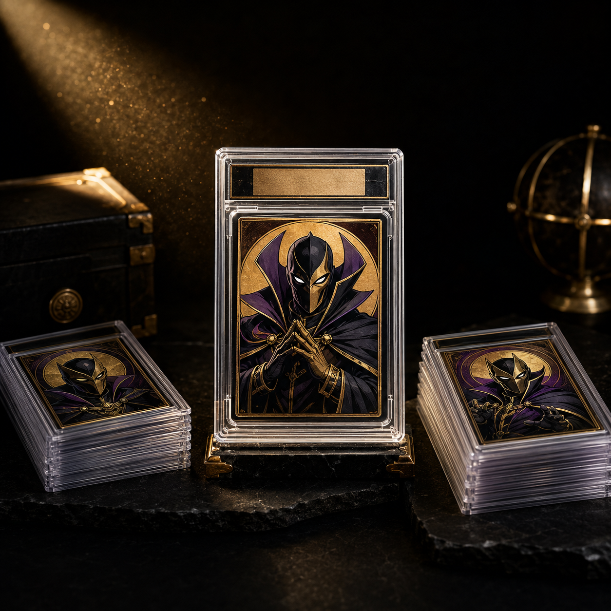 Graded trading card slabs fanned under a gold spotlight