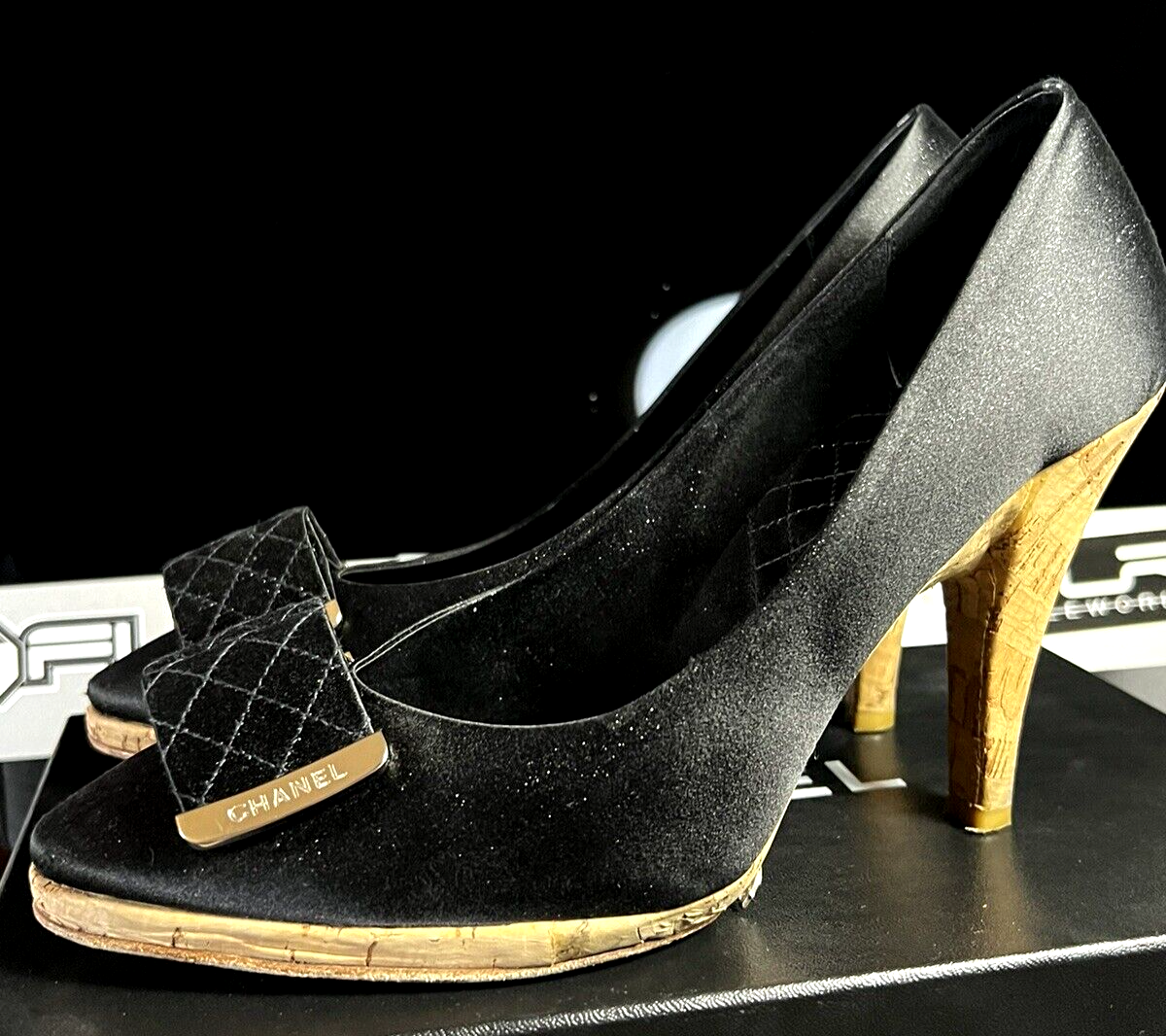 Chanel Pumps 38 7.5 US Black Sheer Double Toe strap Box & Dust Bags From France