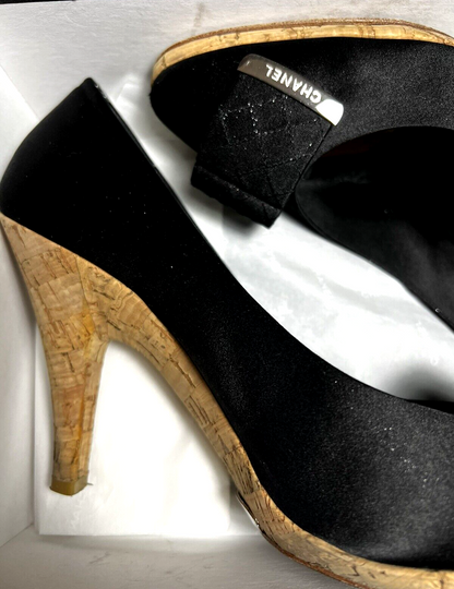 Chanel Pumps 38 7.5 US Black Sheer Double Toe strap Box & Dust Bags From France