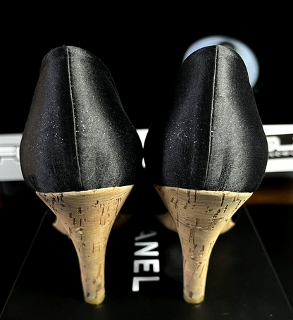 Chanel Pumps 38 7.5 US Black Sheer Double Toe strap Box & Dust Bags From France